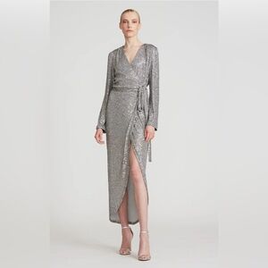 Halston Silver Sequin Long Sleeve Dress